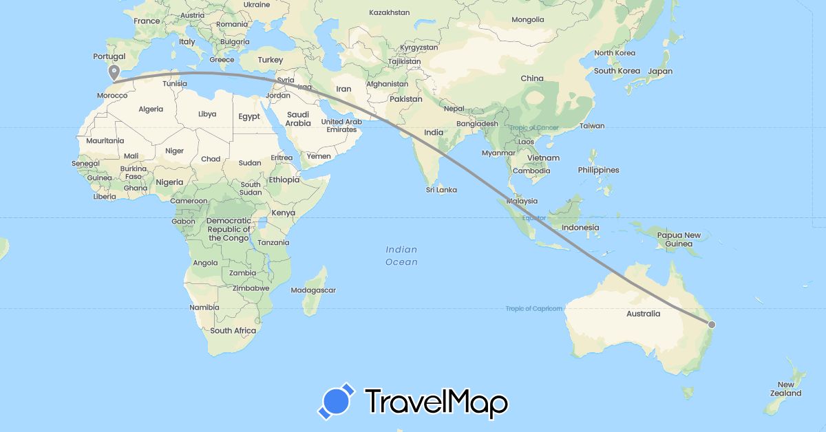 TravelMap itinerary: driving, plane in Australia, Morocco, Singapore (Africa, Asia, Oceania)